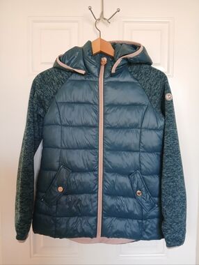 Michael Kors Kids Teal Quilted Puffer Jacket with Knit Sleeves